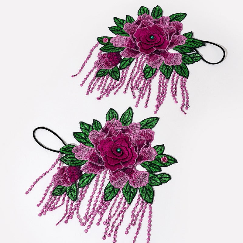 Adult gloves retro ethnic style open finger fabric embroidered Bracelet Wristband Three-Dimensional Hollow dance jewelry oversleeve ST-2103: purple tassel 