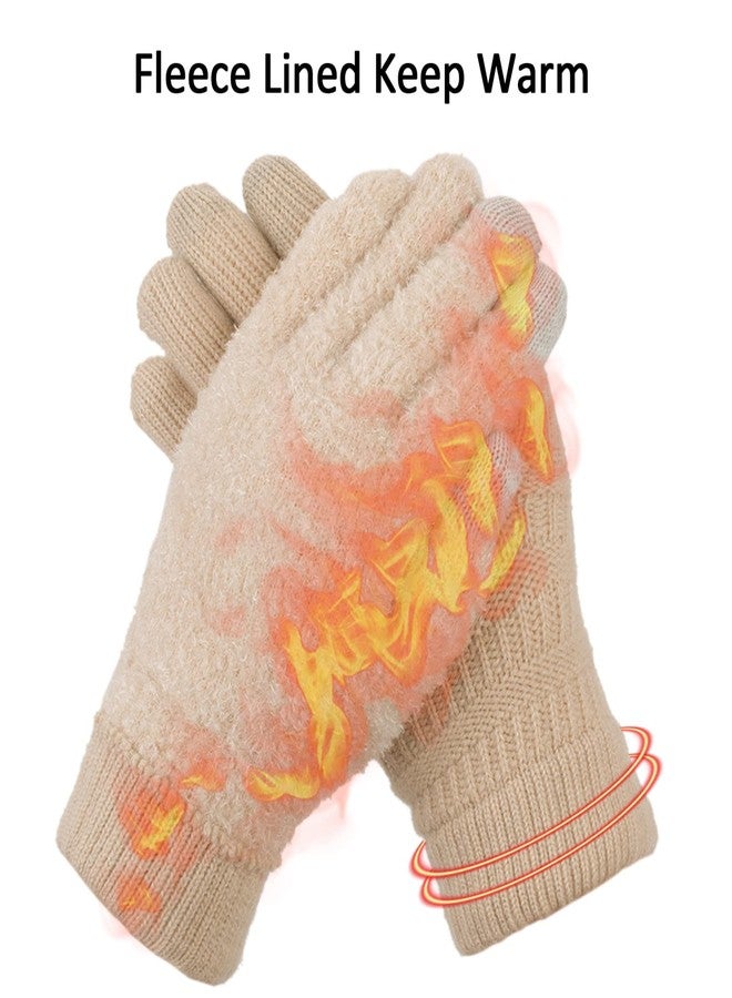 ViGrace Womens Winter Touchscreen Gloves Cable Knit Warm Lined 3 Fingers Dual-layer Touch Screen Texting Thermal Glove for Women, Beige, One size - Image 4