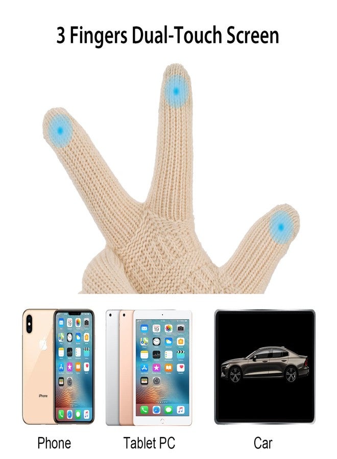ViGrace Womens Winter Touchscreen Gloves Cable Knit Warm Lined 3 Fingers Dual-layer Touch Screen Texting Thermal Glove for Women, Beige, One size - Image 3