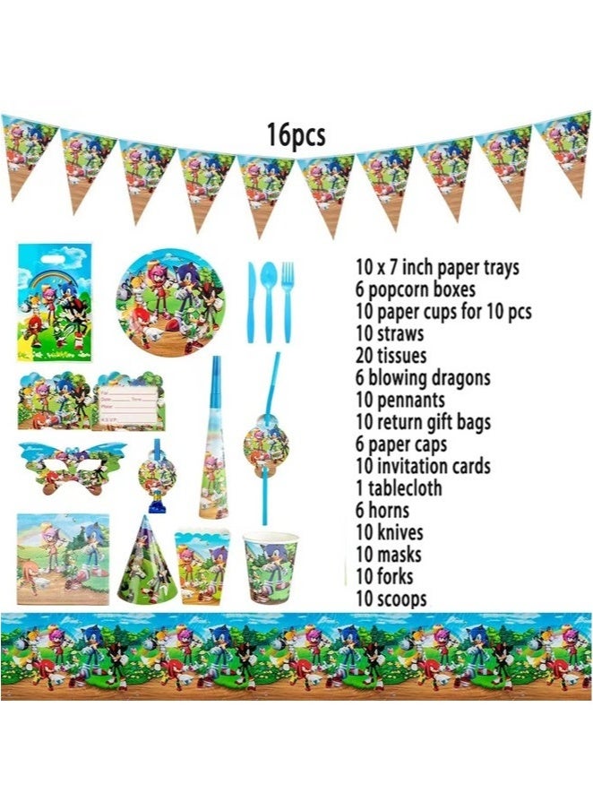 بيوينتي مجموعة لوازم حفلات سونيك لعشرة ضيوف - تتضمن لافتة وأطباقًا ومناديل وأكوابًا وأدوات مائدة، وديكورات أعياد ميلاد مميزة للأطفال - Image 4