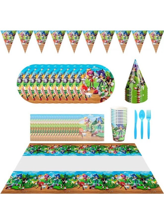 بيوينتي مجموعة لوازم حفلات سونيك لعشرة ضيوف - تتضمن لافتة وأطباقًا ومناديل وأكوابًا وأدوات مائدة، وديكورات أعياد ميلاد مميزة للأطفال - Image 1