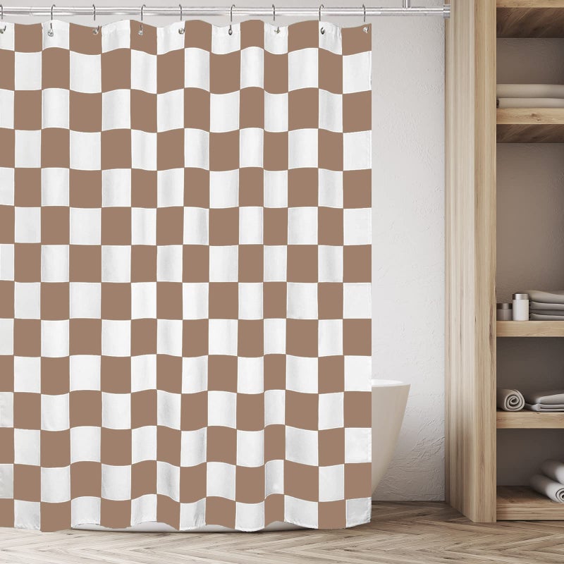 Tititex Aesthetic Checkerboard Grid Pattern Shower Curtain  White Khaki Brown Modern Shower Curtain Sets Decoration 60x71 Inch with Hooks - Image 3