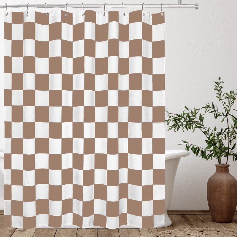 Tititex Aesthetic Checkerboard Grid Pattern Shower Curtain  White Khaki Brown Modern Shower Curtain Sets Decoration 60x71 Inch with Hooks - Image 4
