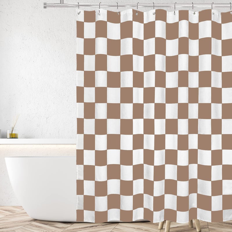 Tititex Aesthetic Checkerboard Grid Pattern Shower Curtain  White Khaki Brown Modern Shower Curtain Sets Decoration 60x71 Inch with Hooks - Image 2