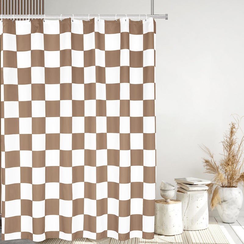 Tititex Aesthetic Checkerboard Grid Pattern Shower Curtain  White Khaki Brown Modern Shower Curtain Sets Decoration 60x71 Inch with Hooks - Image 1