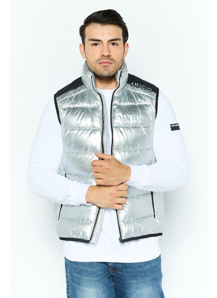 HUGO by Hugo Boss Men Mock Neck Brand Logo Puffer Vest Jacket, Silver  - Image 1