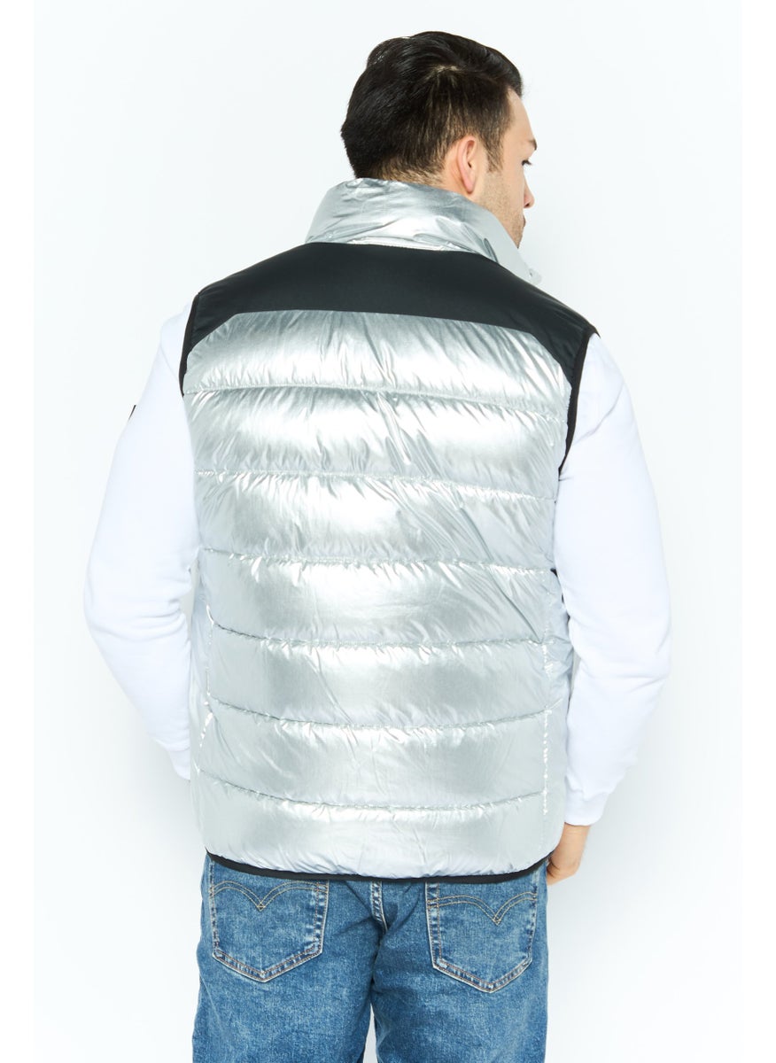 HUGO by Hugo Boss Men Mock Neck Brand Logo Puffer Vest Jacket, Silver  - Image 2