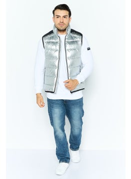 HUGO by Hugo Boss Men Mock Neck Brand Logo Puffer Vest Jacket, Silver  - Image 3