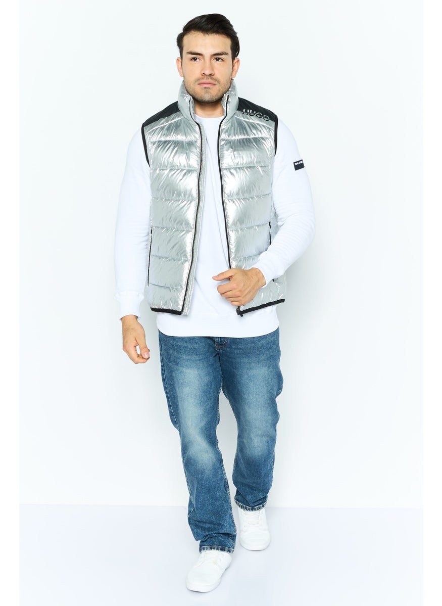 HUGO by Hugo Boss Men Mock Neck Brand Logo Puffer Vest Jacket, Silver  - Image 3