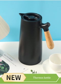 Vacuum Flask，Tea And Coffee Tea Pot，with Wooden Handle，Leak Proof，Double Walled Glass Vacuum,For Keeping Hot Cold Long Hour Heat Cold Retention,Suitable for indoor and outdoor use，1 L