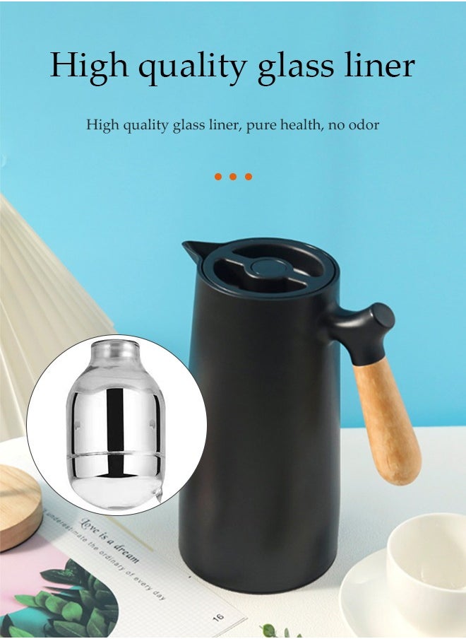 DUNISO - Vacuum Flask，Tea And Coffee Tea Pot，with Wooden Handle，Leak Proof，Double Walled Glass Vacuum,For Keeping Hot Cold Long Hour Heat Cold Retention,Suitable for indoor and outdoor use，1 L - Image 1