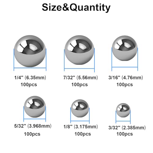 Breezliy 600 Piece 6 Sizes Assorted Loose Bicycle Bearing Balls 1/4" 7/32" 3/16" 5/32" 1/8" and 3/32" - Image 4