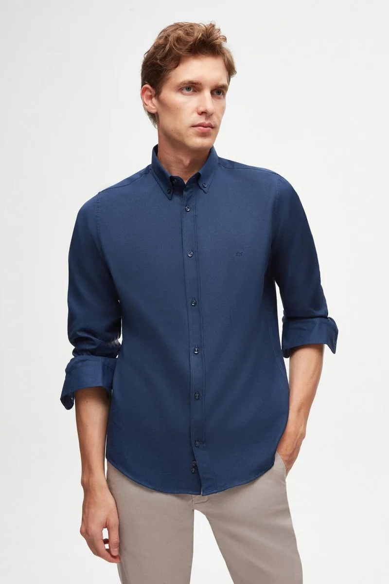 D'S DAMAT Slim Fit Indigo Oxford Button-down Collar Easy Ironable Embroidered Detailed Cotton Shirt 4HC02ORT03265
