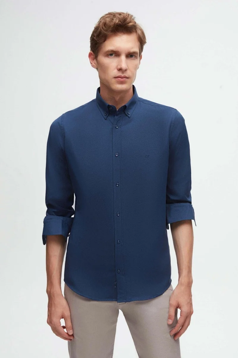D'S DAMAT Slim Fit Indigo Oxford Button-down Collar Easy Ironable Embroidered Detailed Cotton Shirt 4HC02ORT03265