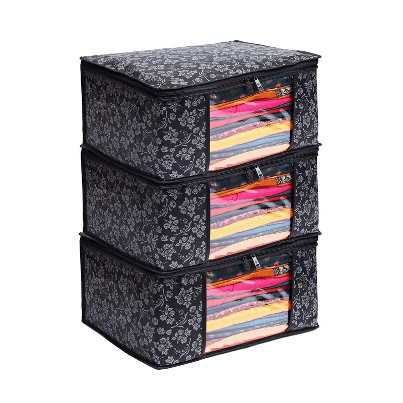 LAXIS ® Saree Covers With Zip Non-Woven Printed Saree Cover/Saree Organizer For Wardrobe/Cloth Storage With Transparent Window/Saree Bags Storage/Clothes Organizer (Black- Pack of 3) - Image 1