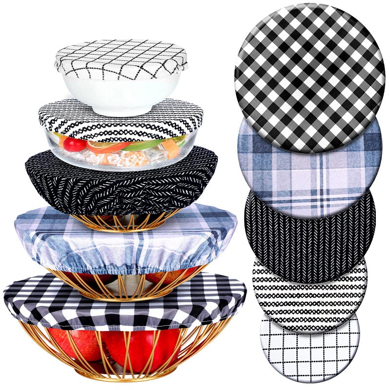 Patelai 10 Pcs Bowl Covers Reusable in 5 Size Stretch Cloth Fabric Elastic Food Storage Bowl Covers Bread Sourdough Lids for Proofing Food Fruits Leftover(Black, White, Blue,Plaid Style) - Image 1