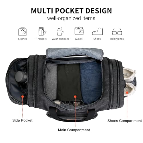 WITZMAN Mens Duffle Bags for Traveling Canvas Weekender Travel Bag Expandable Overnight Bag Carry on Bag(A8007 Black) - Image 4