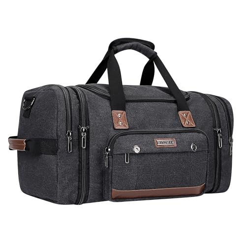 WITZMAN Mens Duffle Bags for Traveling Canvas Weekender Travel Bag Expandable Overnight Bag Carry on Bag(A8007 Black) - Image 1