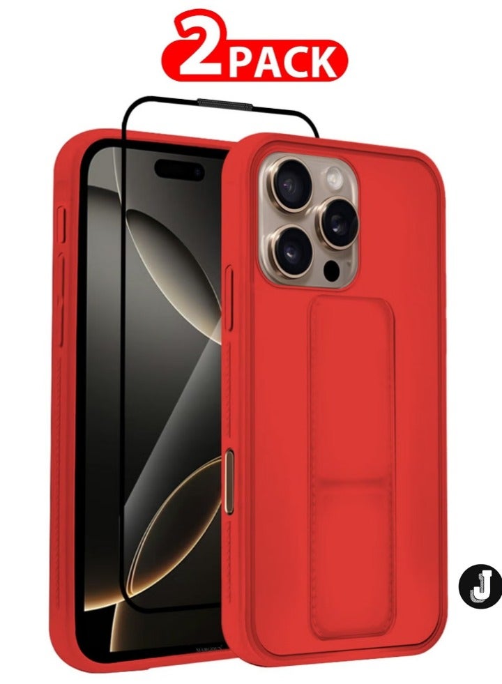 JAJEEK "2-Pack Premium PU Leather Case & Screen Protector for iPhone 16 Pro Max – Shockproof, Anti-Scratch, Stand Function, Finger Grip Case Cover (Red)" - Image 1