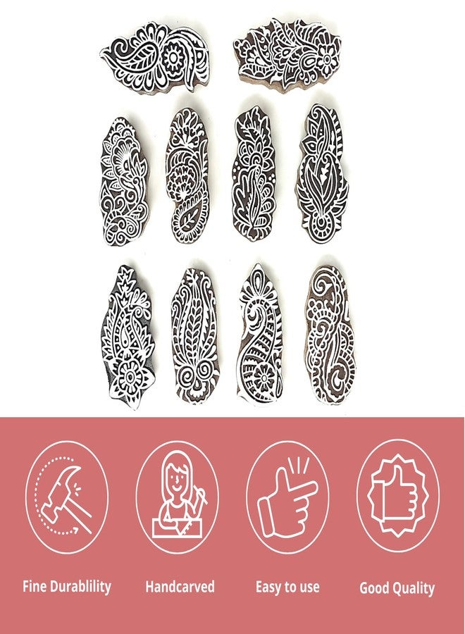 Hashcart | Set of 10 | Handicraft Decorative Paisley Floral Stamp Wooden Printing Blocks for Saree Border | Henna Mehndi | Art Craft | Fabric Printing | Handcarved Art Work | Kids | Project Designing - Image 2