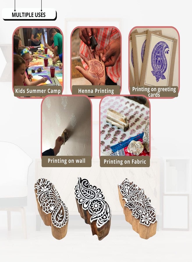 Hashcart | Set of 10 | Handicraft Decorative Paisley Floral Stamp Wooden Printing Blocks for Saree Border | Henna Mehndi | Art Craft | Fabric Printing | Handcarved Art Work | Kids | Project Designing - Image 4