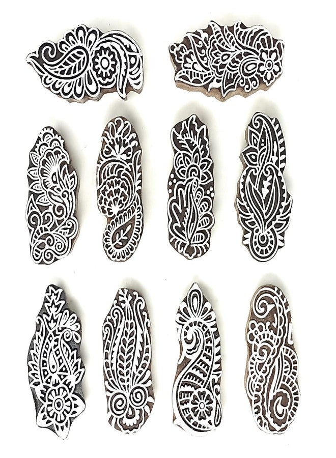 Hashcart | Set of 10 | Handicraft Decorative Paisley Floral Stamp Wooden Printing Blocks for Saree Border | Henna Mehndi | Art Craft | Fabric Printing | Handcarved Art Work | Kids | Project Designing - Image 1