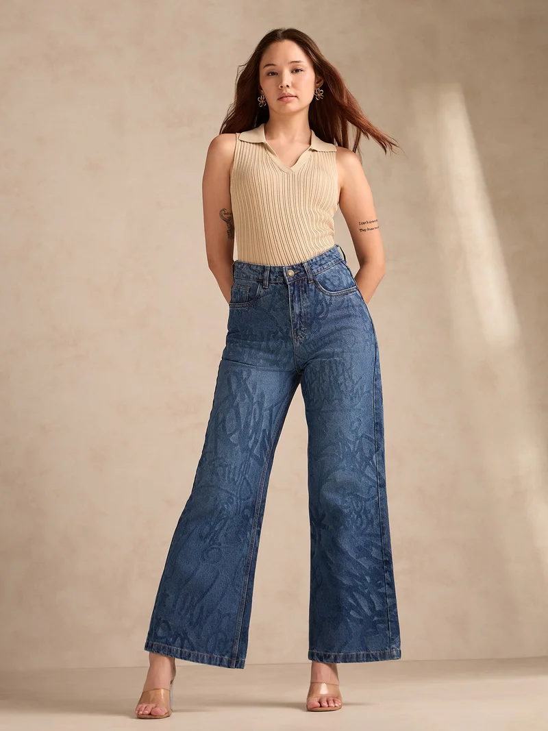 Outzidr  Blue Mid-Wash Straight Fit Jeans for Women | Best Price UAE