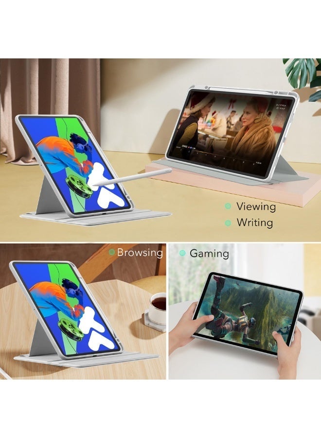 حافظة حماية لجهاز iPad 10th Gen 10.9 2022 / iPad 11th Gen (A16) 10.9 بوصة 2025، حامل قلم مدمج، حامل حماية يدور 360 درجة، ظهر شفاف، (إيقاظ/سكون تلقائي) شفاف/رمادي - Image 3