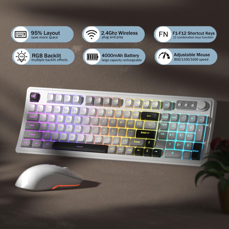 MageGee V990 Creamy Wireless Keyboard and Mouse Combo, 99 Keys RGB Backlit Rechargeable Quiet Gaming Keyboard, Adjustable Optical Mouse, with Number Pad, Keyboards Set for Desktop, Laptop, PC(White) - Image 3