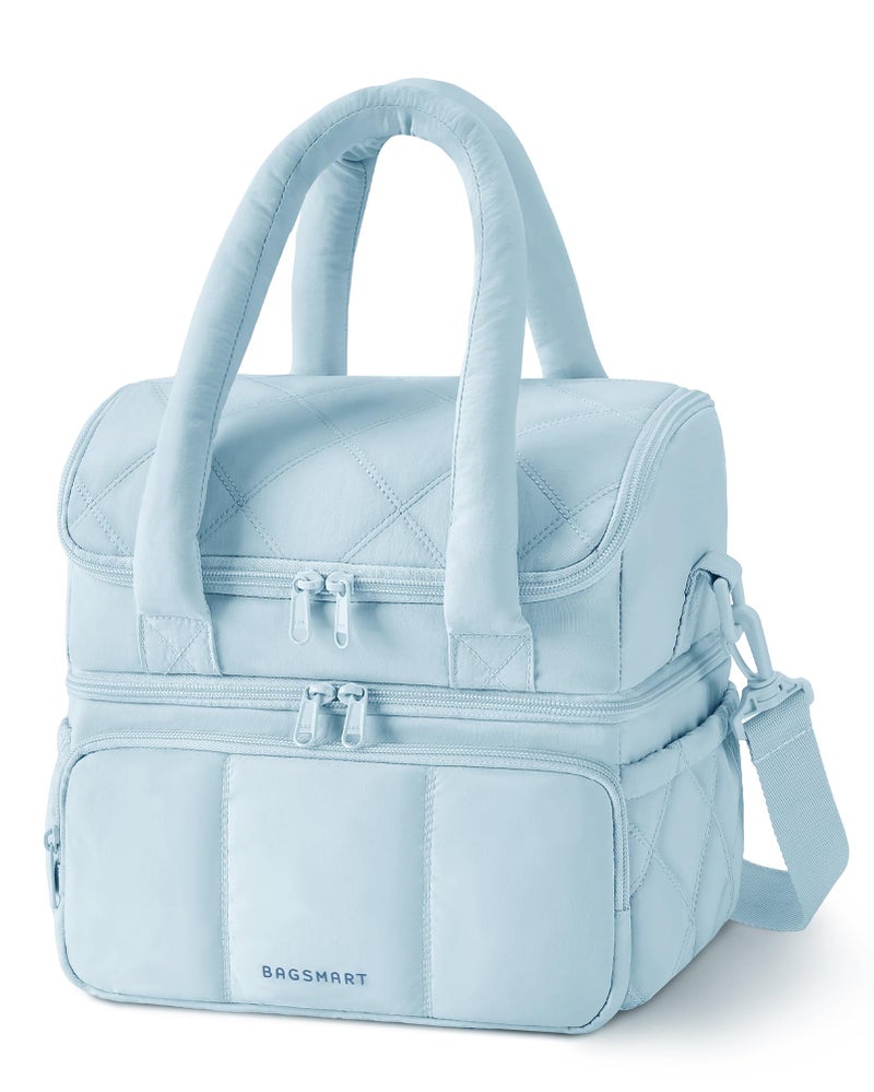 BAGSMART Lunch Bag Women Double Deck Insulated Lunch Box Quilted Puffer Lunch Tote Leakproof Durable Reusable Large Lunch Cooler For Work Picnic Travel Meal Prep Light Blue - Image 2