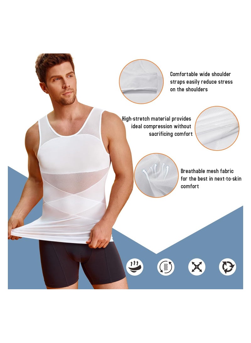 KASTWAVE Compression Shirts for Men Slimming, Workout Mesh Tank Top Undershirts Shapewear Tight Tummy Underwear, Sleeveless Slimming Vest Men, White - L Size - Image 5