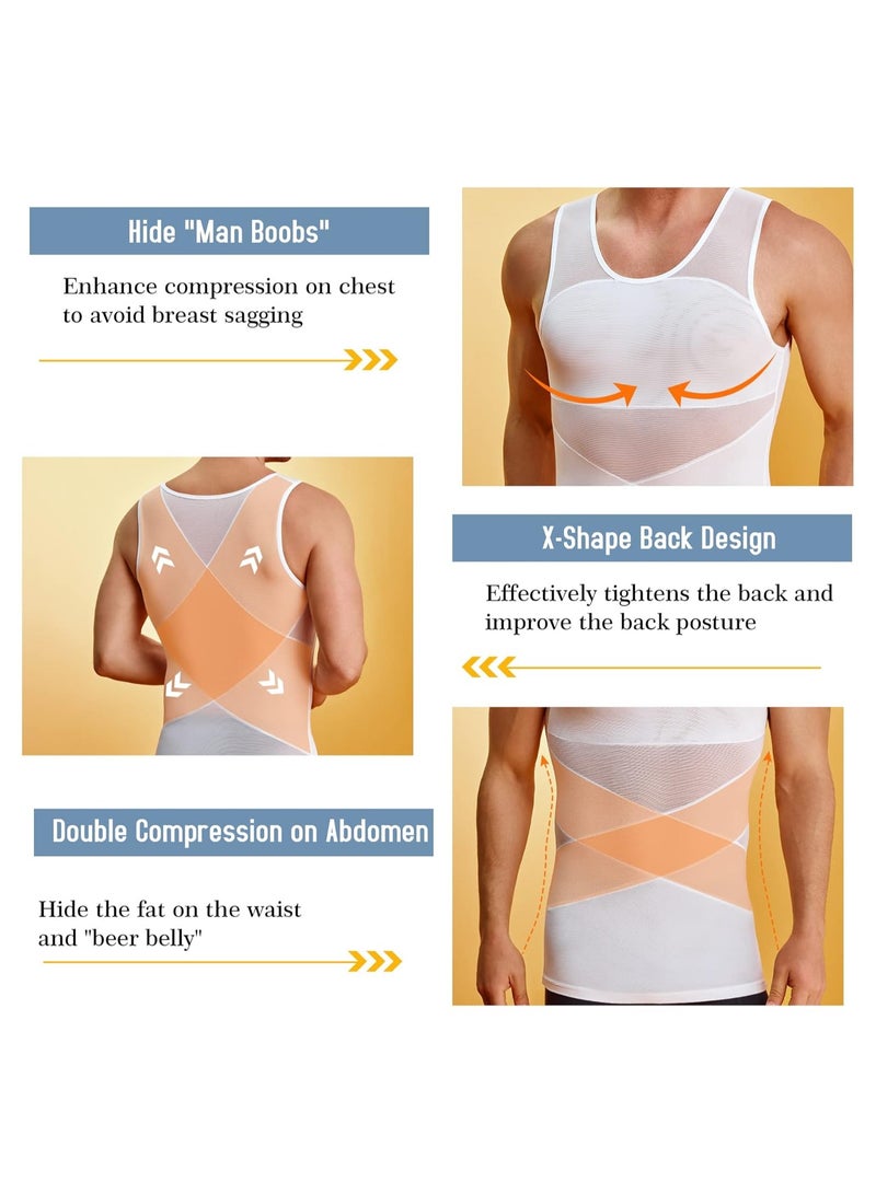 KASTWAVE Compression Shirts for Men Slimming, Workout Mesh Tank Top Undershirts Shapewear Tight Tummy Underwear, Sleeveless Slimming Vest Men, White - L Size - Image 2