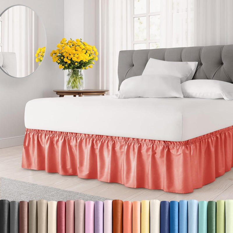 CGK Unlimited Wrap Around Dust Ruffle Bed Skirt  Coral  for Queen Size Beds with 12 Inch Drop  Easy Fit Elastic Strap  Adjustable Pleated Bedskirt wBrushed Fabric  Wrinkle Free  for Women Men Kids  Teens