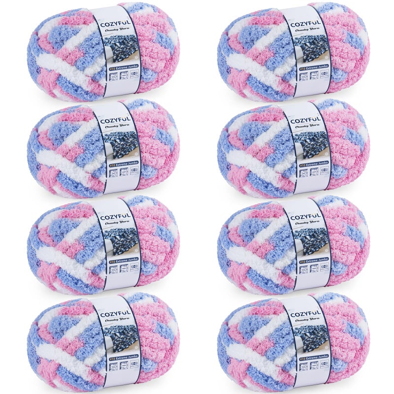 Cozyful Chunky Yarn for Hand Knitting - #10 Chunky Chenille Blanket Yarn, Jumbo Big Thick Chunky Yarns for Crocheting, Tie Dye Bulky Knit Yarns, 8 Skein (25 yds 8 oz Each Skein), Blue & Pink & White - Image 1