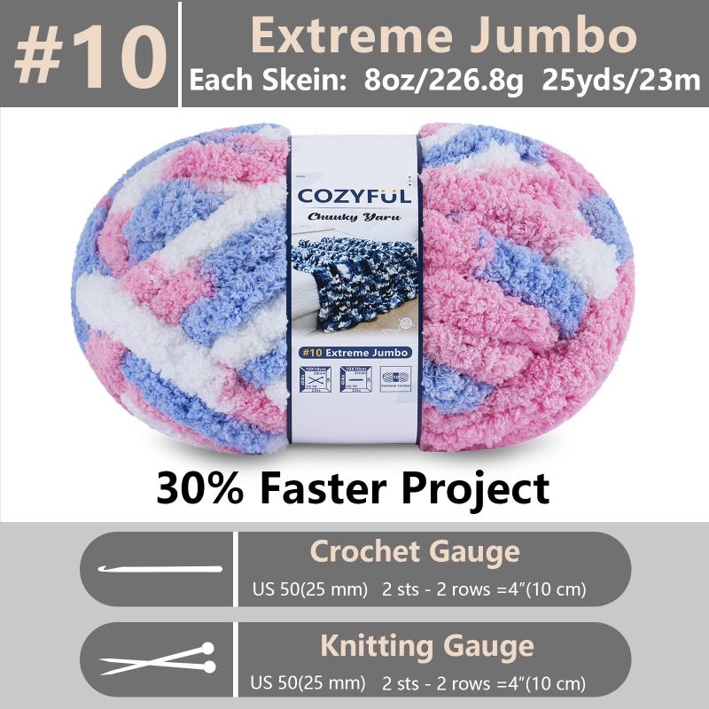 Cozyful Chunky Yarn for Hand Knitting - #10 Chunky Chenille Blanket Yarn, Jumbo Big Thick Chunky Yarns for Crocheting, Tie Dye Bulky Knit Yarns, 8 Skein (25 yds 8 oz Each Skein), Blue & Pink & White - Image 2