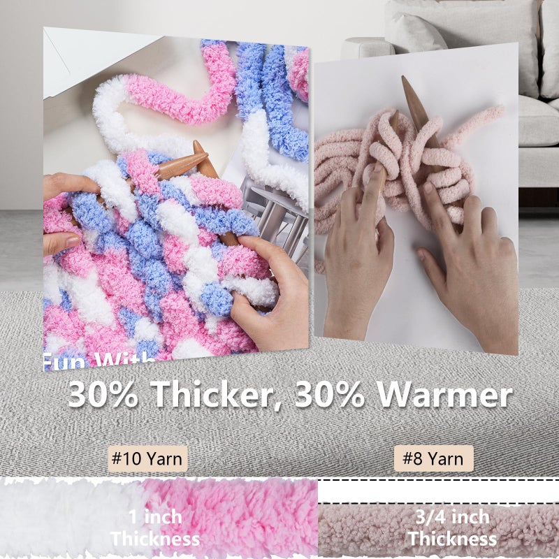Cozyful Chunky Yarn for Hand Knitting - #10 Chunky Chenille Blanket Yarn, Jumbo Big Thick Chunky Yarns for Crocheting, Tie Dye Bulky Knit Yarns, 8 Skein (25 yds 8 oz Each Skein), Blue & Pink & White - Image 3