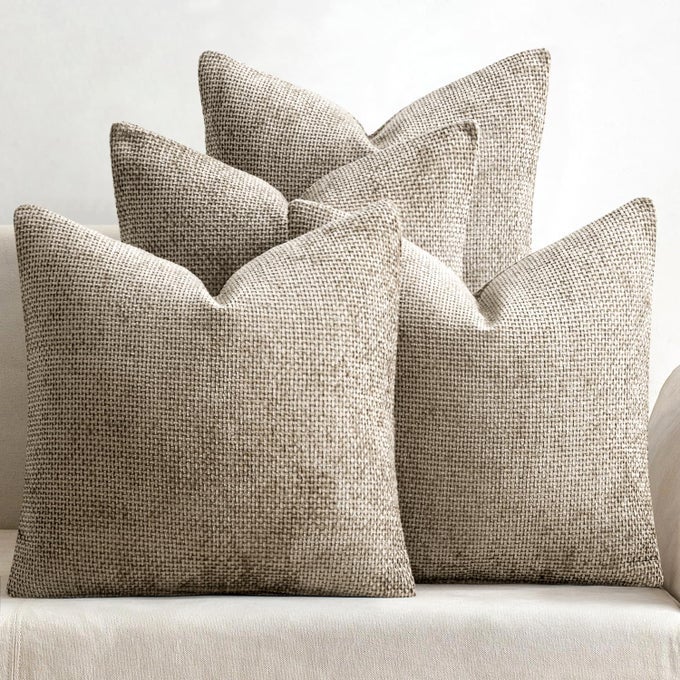 PACK OF 4 COUCH THROW PILLOW COVERS 18X18 INCH KHAKI SOFT DECORATIVE CHENILLE PILLOW COVERS FARMHOUSE ACCENT CUSHION COVERS FOR BOHO HOME DECOR SOFA BEDROOM LIVING ROOM