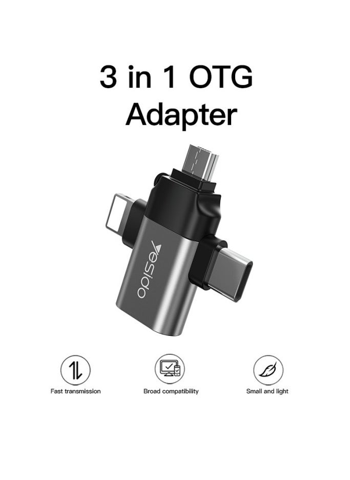 Yesido - USB C OTG Adapter, 3 in 1 Micro USB/IP/USB-C to USB2.0 Female Converter, Adapter for Media Sticks, Android Phones, Apple Phones, Tablets High-Speed ​​Data Transfer, Compatible with alll smart phones - Image 1