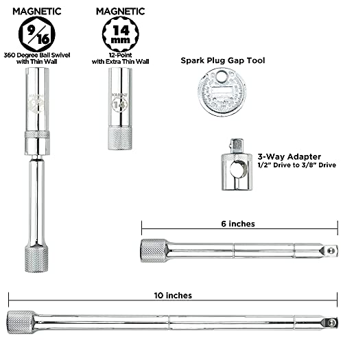 KAIFNT K202 Spark Plug Tool Set, Magnetic 9/16" Swivel & 14mm Thin Wall Sockets, 3/8-Inch Drive, 6-Piece - Image 2