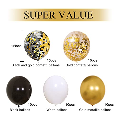 Zesliwy Black Gold Confetti Balloons 50 pack - 12 Inch Gold White and Black Confetti Balloons with Ribbons for Graduation Birthday Wedding Party Decorations - Image 2