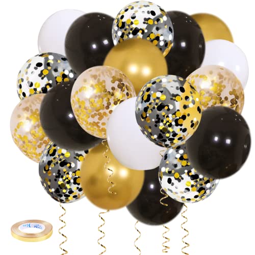 Zesliwy Black Gold Confetti Balloons 50 pack - 12 Inch Gold White and Black Confetti Balloons with Ribbons for Graduation Birthday Wedding Party Decorations - Image 1