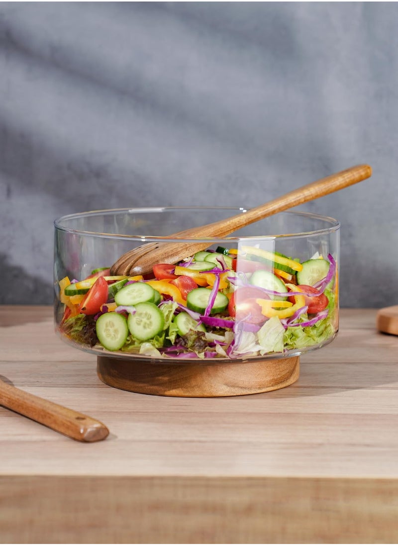 Jolley Large Glass Salad Bowl Set with Acacia Wood Base and Serving Set Utensils - Elegant and Practical Kitchen Essential for Parties, Family Gatherings, and Everyday Use  - Image 3