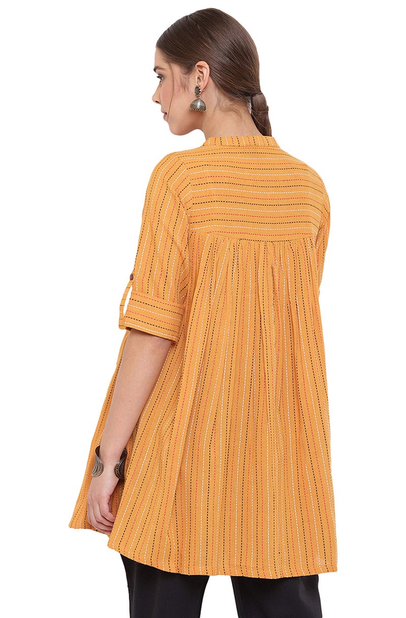 Janasya Women's Mustard Cotton Woven Design Gathered Tunic(J0119-TP-M) - Image 4