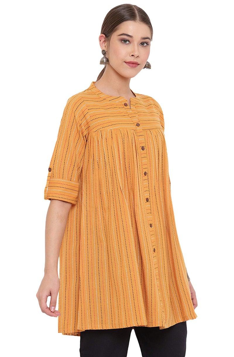 Janasya Women's Mustard Cotton Woven Design Gathered Tunic(J0119-TP-M) - Image 3