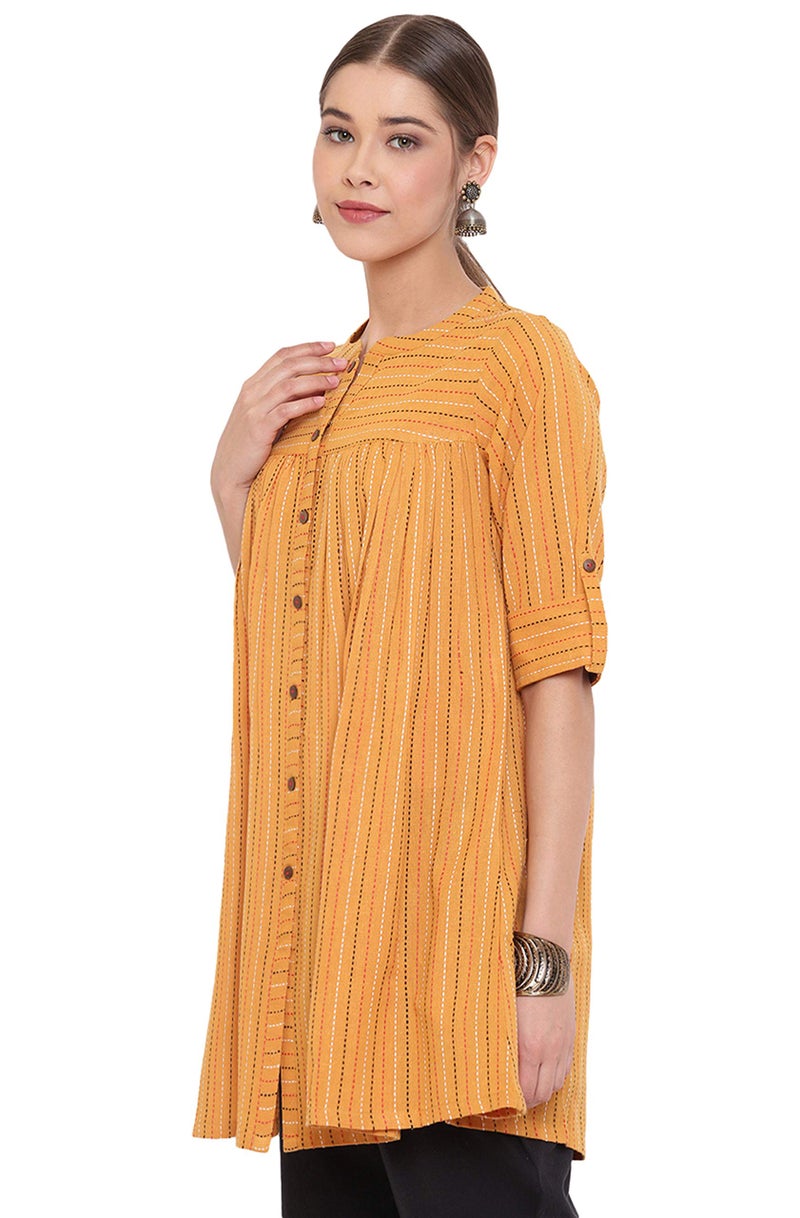 Janasya Women's Mustard Cotton Woven Design Gathered Tunic(J0119-TP-M) - Image 2