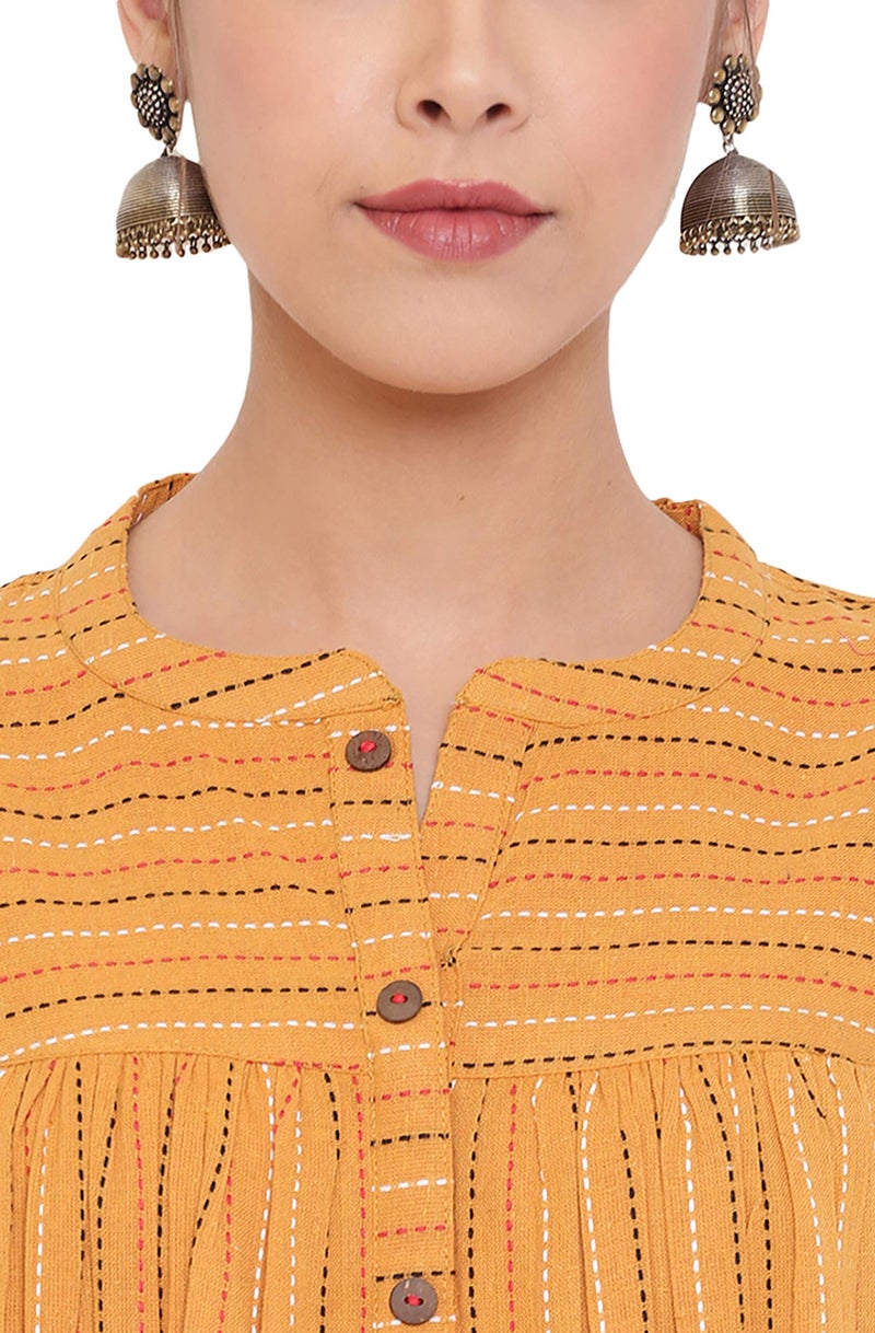 Janasya Women's Mustard Cotton Woven Design Gathered Tunic(J0119-TP-M) - Image 5
