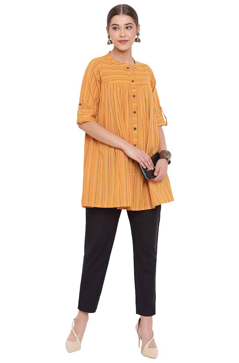 Janasya Women's Mustard Cotton Woven Design Gathered Tunic(J0119-TP-M) - Image 1