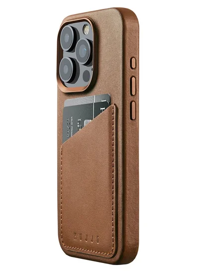 موجو حافظة محفظة جلدية Mujjo لهاتف iPhone 15 Pro - حافظة جلدية أوروبية ممتازة مع جيب للبطاقة، حماية معززة لعدسة الهاتف والكاميرا، متوافقة مع MagSafe - حافظة محفظة بطاقة iPhone 15 Pro (أسمر داكن)
