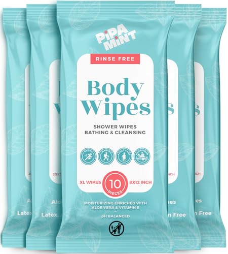 PIPA MINT Body Wipes XL Shower Wipes Body Wipe for Adults Bathing, Traveling, Camping, Gym, Car, Elderly, Bedridden - Disposable Washcloths for Adults No Rinse 1 Box, 5 Pack (50 ct) - Image 1