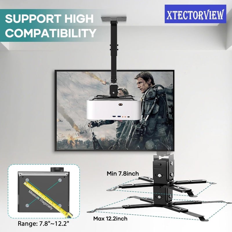 XTECTORVIEW Heavy Duty 6 Feet Adjustable Projector Ceiling Mount Stand, Universal Projectors Wall Mounting Bracket Kit with Swivel, Tilt, Height Adjustments-Black (6 FEET Projector Mount Stand) - Image 3